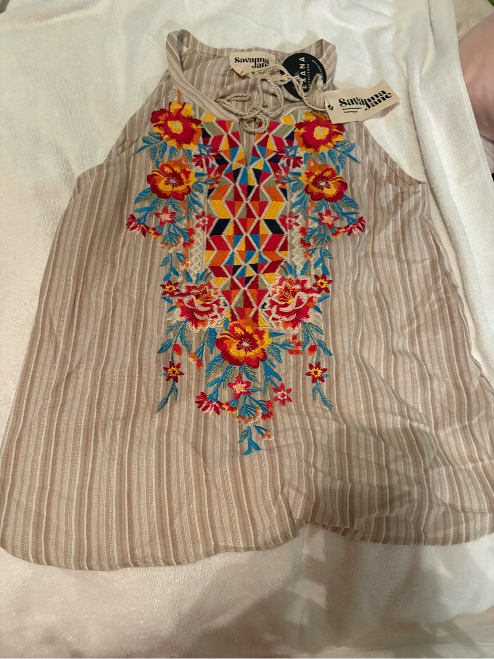 Savanna Jane Beige Striped Halter with Bright Floral Embroidery